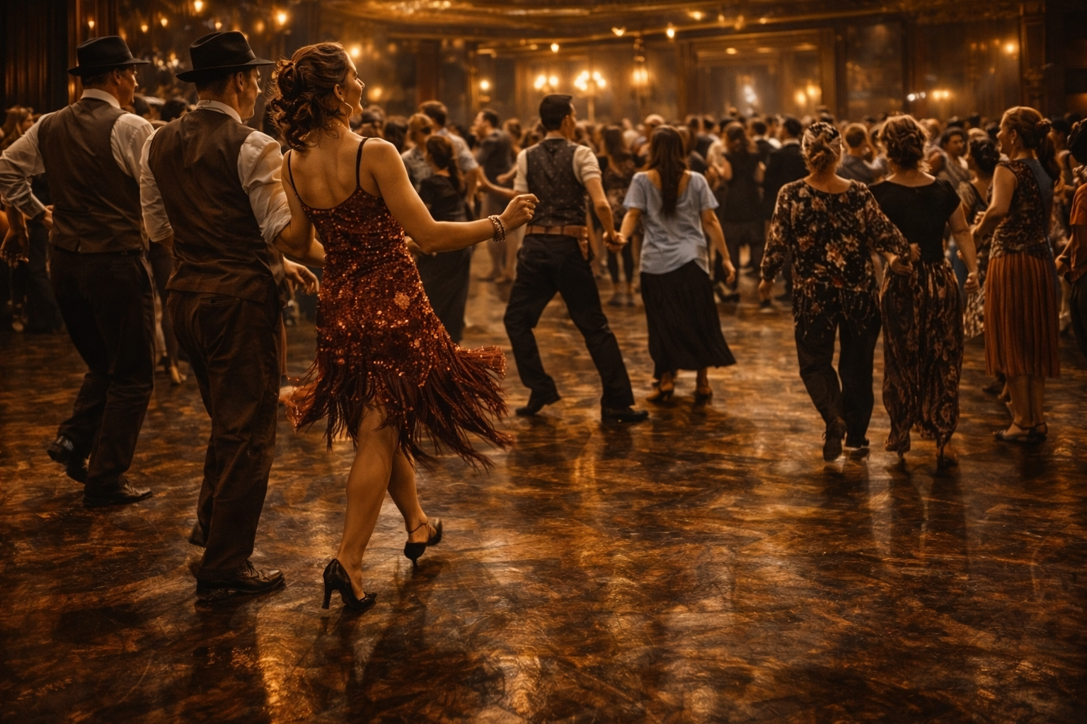 Couples dancing in a 1920s ballroom